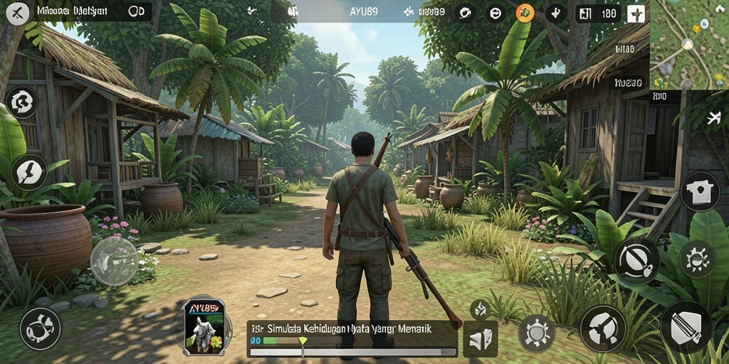 Tangkapan layar gameplay AYU89 menampilkan dunia simulasi yang kaya dan interaktif.