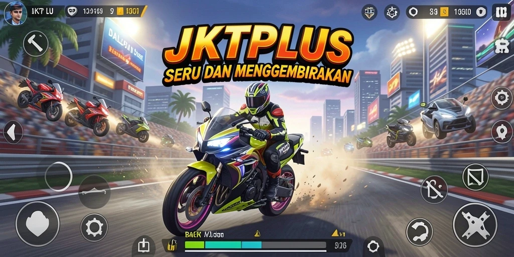 Tampilan gameplay seru JKTPLUS dengan motor balap yang menantang.