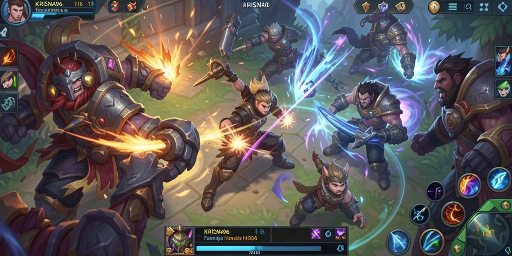 Tampilan seru gameplay MOBA KRISNA96 saat bertarung.